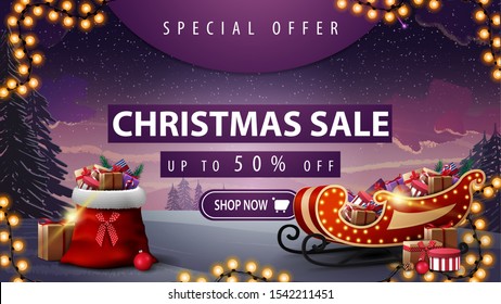 Special offer, Christmas sale, up to 50% off, beautiful discount banner with winter landscape, garland, button, Santa Claus bag and Santa Sleigh with presents