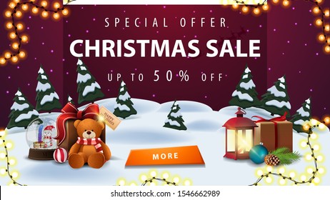 Special offer, Christmas sale, up to 50% off, discount banner with winter landscape. purple starry sky, garland, button, antique lamp, snow globe and present with Teddy bear