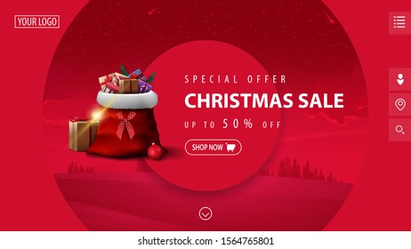 Special offer, Christmas sale, up to 50% off, beautiful pink modern discount banner with big decorative circles, winter landscape on background and Santa Claus bag with presents