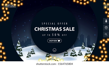 Special offer, Christmas sale, up to 50% off, beautiful blue modern discount banner with big decorative circles and winter landscape on background