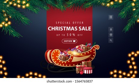 Special offer, Christmas sale, up to 50% off, blue discount banner with red line for text, garland, frame of Christmas tree branches and Santa Sleigh with presents