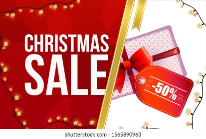 Special offer, Christmas sale, up to 50% off, red banner with garland, Christmas tree branches, Christmas stockings and gifts