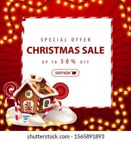 Special offer, Christmas sale, up to 50% off. Red square discount banner with Christmas garland, white paper sheet and Christmas gingerbread house