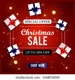 Special offer Christmas sale up to 50% off, red discount banner, gift boxes with red and blue bows vector illustration