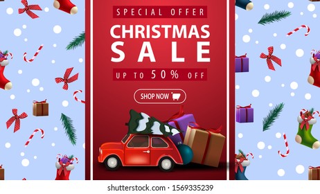 Special offer, Christmas sale, up to 50% off, beautiful discount banner with red vertical ribbon, Christmas texture on background and red vintage car carrying Christmas tree