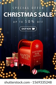 Special offer, Christmas sale, up to 50% off, vertical dark and blue discount banner with Santa letterbox with presents