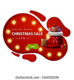 Special offer, Christmas sale, up to 50% off, red discount banner in lava lamp style with yellow bulb, green button and Santa Claus bag with presents isolated on white background