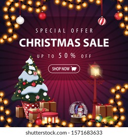 Special offer, Christmas sale, up to 50% off, square purple discount banner with garlands and Christmas tree in a pot with gifts