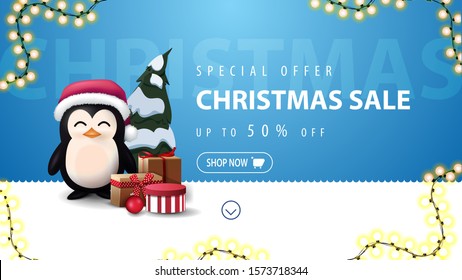 Special offer, Christmas sale, up to 50% off, blue and white discount banner for website with wavy line, garland, penguin in Santa Claus hat with presents and Christmas tree