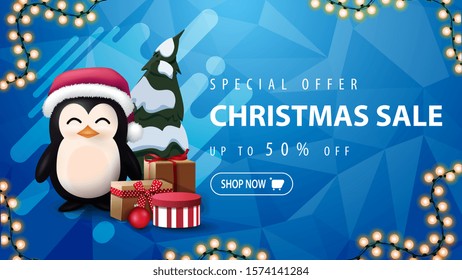 Special offer, Christmas sale, up to 50% off, blue discount banner with garland, abstract shape, polygonal texture and penguin in Santa Claus hat with presents