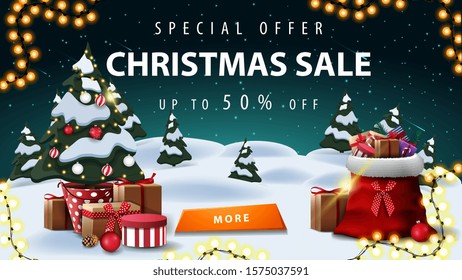 Special offer, Christmas sale, up to 50% off, discount banner with winter landscape. starry sky, garland, button, Christmas tree in a pot with gifts and Santa Claus bag with presents