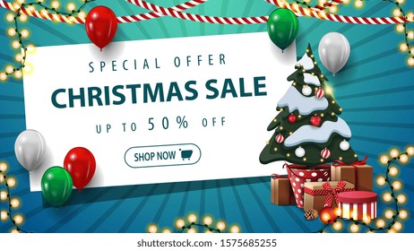 Special offer, Christmas sale, up to 50% off, blue discount banner with balloons, garland, white paper sheet and Christmas tree in a pot with gifts