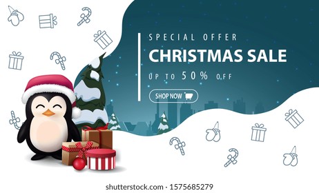 Special offer, Christmas sale, up to 50% off, beautiful white and blue discount banner with penguin in Santa Claus hat with presents and Christmas line icons, space imagination