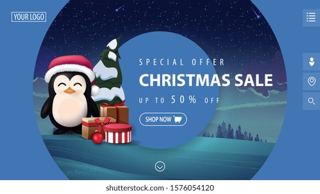 Special offer, Christmas sale, up to 50% off, beautiful blue modern discount banner with big decorative circles, winter landscape on background and penguin in Santa Claus hat with presents