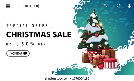 Special offer, Christmas sale, up to 50% off, white and blue discount banner for website with abstract shapes of particles and Christmas tree in a pot with gifts