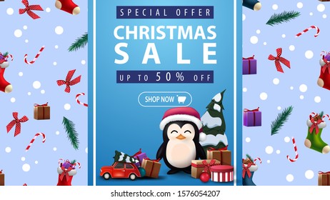 Special offer, Christmas sale, up to 50% off, beautiful discount banner with blue vertical ribbon, Christmas texture on background and penguin in Santa Claus hat with presents