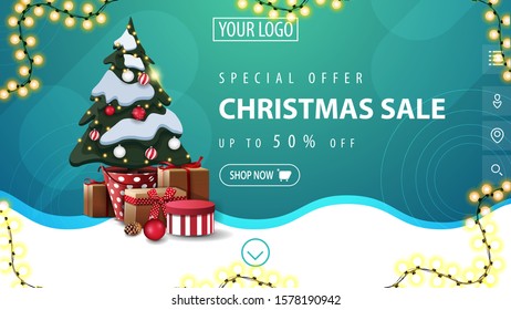 Special offer, Christmas sale, up to 50% off, white and blue discount banner with garland, wavy line and Christmas tree in a pot with gifts