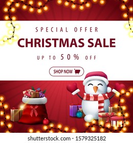 Special offer, Christmas sale, up to 50% off, square red discount banner with white horizontal stripe, garland, Santa Claus bag with presents and snowman in Santa Claus hat with gifts