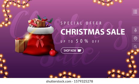 Special offer, Christmas sale, up to 50% off, purple discount banner in minimalistic style with garland and Santa Claus bag with presents