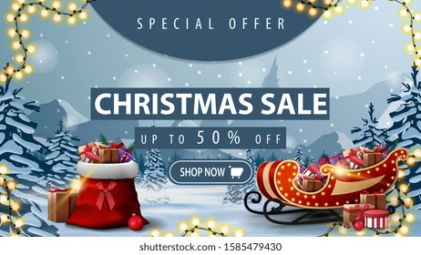 Special offer, Christmas sale, up to 50% off, beautiful discount banner with winter landscape on background, Santa Claus bag with presents and Santa Sleigh with presents