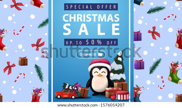 Special offer,\
Christmas sale, up to 50% off, beautiful discount banner with blue\
vertical ribbon, Christmas texture on background and penguin in\
Santa Claus hat with\
presents