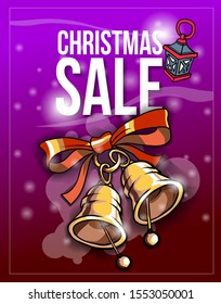 Special offer, Christmas sale, banner with beautiful bells, snowflakes and flashlight