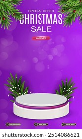 special offer christmas sale discount portait template banner with blank space 3d podium for social media post product sale with abstract gradient purple background design66