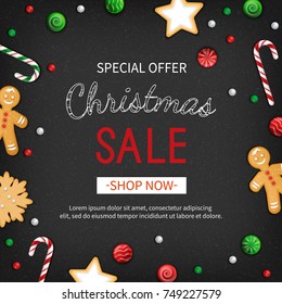 Special offer Christmas Sale. Discount flyer, big seasonal sale. Web banner with holiday sweets - lollipops, candy cane, cookies, gingerbread Man. Xmas Greeting Card with Lettering on black background