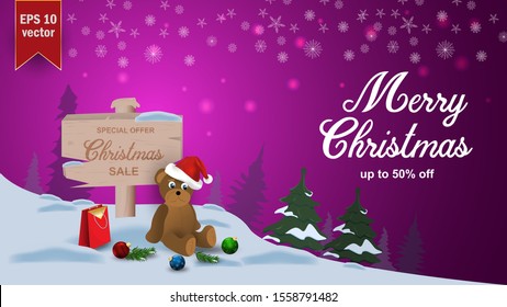 Special offer Christmas sale up to fifty percent off pink discount banner with garland bear in Santa hat sits next to wooden signpost vector EPS 10