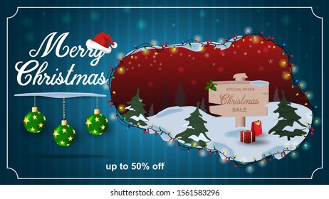 Special offer Christmas sale up to fifty percent off dark blue discount banner with garland wooden sign with gifts inscription congratulations and Santa hat vector EPS 10