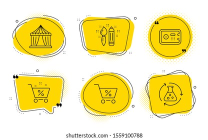 Special offer, Circus tent and Chemistry experiment signs. Chat bubbles. Creativity, Loan percent and Safe box line icons set. Graphic art, Shopping cart, Deposit. Discounts. Business set. Vector