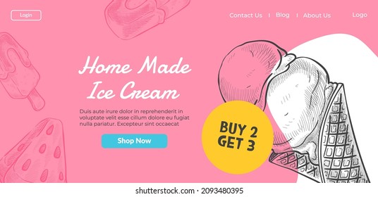 Special Offer For Clients, Buy 2 Get 3 Home Made Ice Creams. Frozen Dessert In Cone, Gelato With Variety Of Tastes And Tasty Flavors. Website Or Web Page, Landing Template. Vector In Flat Style