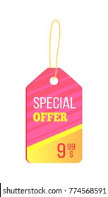 Special offer colorful trinket vector illustration of pink and yellow pendant, yellow rope on top, advertising text, isolated on white background