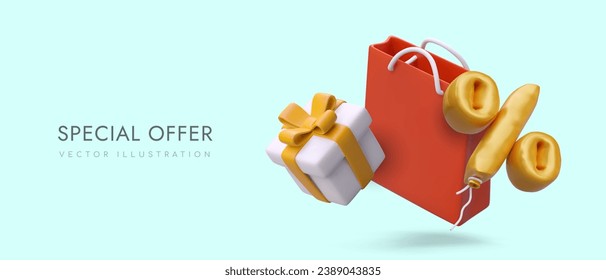 Special offer concept. Red bag without markings, gold percentage balls. Discount as gift. Promotion in store. Bonuses for buyers. Vector template with realistic illustration