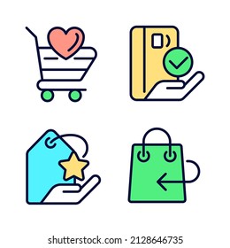 Special offer for customers pixel perfect RGB color icons set. Return policy. Pay with credit card. Isolated vector illustrations. Simple filled line drawings collection. Editable stroke