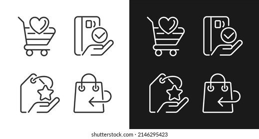 Special offer for customers pixel perfect linear icons set for dark, light mode. Return policy. Pay with credit card. Thin line symbols for night, day theme. Isolated illustrations. Editable stroke