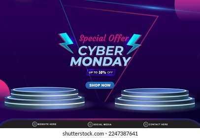 special offer cyber monday sale discount template banner with blank space 3d podium for product sale with abstract gradient blue and purple background design