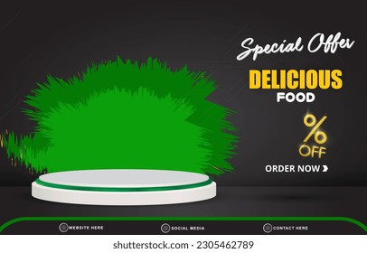 special offer delicious food menu sale discount landscape social media post tempate banner with copy space 3d podium for food sale with abstract gradient black and green background design