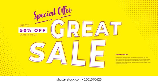 special offer discount 50% off great sale, season promotional, banner design vector template, yellow background, with half tone background combination