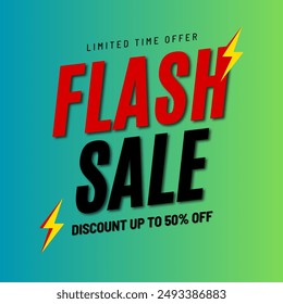 Special offer discount up to 50 percent, Banner template design with red and black color text isolated on gradient blue and green background, special offer sales promotion. vector illustration