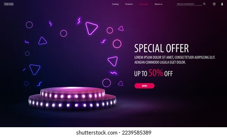 Special offer, discount banner for website with offer and podium with bulbs in empty purple scene