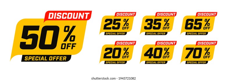 Special offer discount with different value percent off. 50, 20, 40, 70, 25, 35, 65 percentage price reduction label for cheap purchase set vector illustration isolated on white background