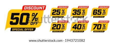 Special offer discount with different value percent off. 50, 20, 40, 70, 25, 35, 65 percentage price reduction label for cheap purchase set vector illustration isolated on white background