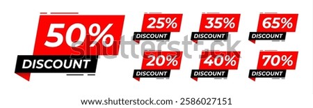Special offer discount with different value percent off. 50, 20, 40, 70, 25, 35, 65 percentage price reduction label for cheap purchase set vector 10 eps.
