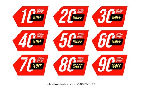Special offer discount label with different sale percentage. 10, 20, 30, 40, 50, 60, 70, 80, 90 percent off price reduction badge promotion design emblem set vector.