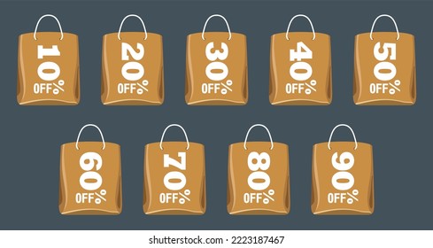 Etiqueta de descuento de oferta especial con un porcentaje de venta diferente. 10, 20, 30, 40,50, 60,70,80,90 por ciento de descuento 
imagen vectorial de conjunto de bolsos de diseño de promoción de reducción de precios