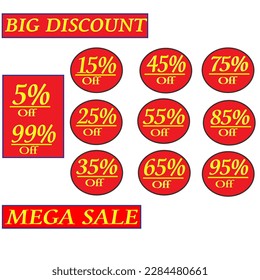 Etiqueta de descuento de oferta especial con un porcentaje de venta diferente. 
5%,15%, 25%, 35%, 45%,55%,65%,75%,85%,95% Descuento, texto amarillo, porcentaje de descuento.