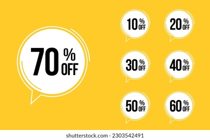 Special offer discount label with different sale percentage. 10, 20, 30, 40, 50, 60, 70 percent off. price reduction emblem. promotion design badges sets vector illustration isolated on yellow backgro