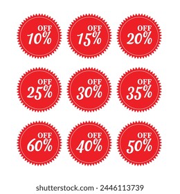 Special offer discount label with different sale percentage. 10, 20, 30, 70, 50 percent off price