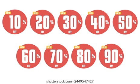 Oferta especial etiqueta de descuento con diferente porcentaje de venta. 10, 20, 30, 40, 50, 60, 70, 80, 90 por ciento de descuento en la Ilustración vectorial del conjunto de emblemas de diseño de insignias de promoción de insignias de Precio